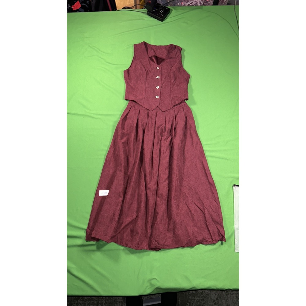 Qianzhidu Womens Two-Piece Vest and Skirt Set Burgundy Red M Linen Look